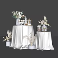 Decorative Ornament Set with Vases Flower Arrangements Miniature Decor and Greenery on White Tablecloths