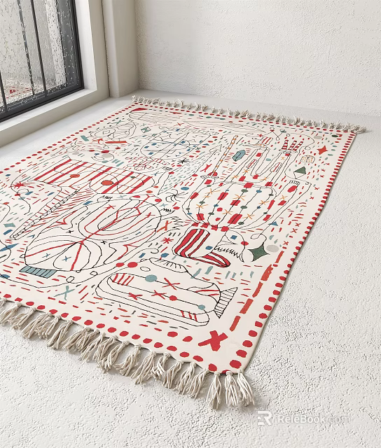 Square Rug With Red And White Geometric Pattern And Fringed Edges 3d model 