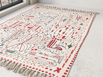 Square Rug With Red And White Geometric Pattern And Fringed Edges 3d model