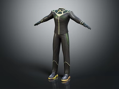 Black Fitted Jumpsuit With Green Yellow Accents Long Sleeves Pants And Collar Design 3d model
