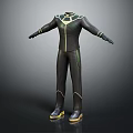 Black Fitted Jumpsuit With Green Yellow Accents Long Sleeves Pants And Collar Design