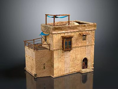 Traditional Stone Building With Arched Doorway Balcony Railings And Blue Roof Awning 3d model