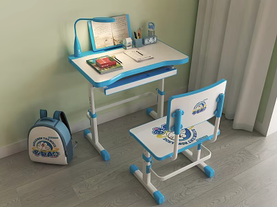 Kids Blue And White Study Desk With Open Book Lamp Stationery And Matching Chair 3d model