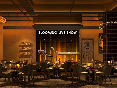 Cozy Live Music Bar Interior Featuring Keyboard Microphone Tables Chairs And Warm Lighting 3d model