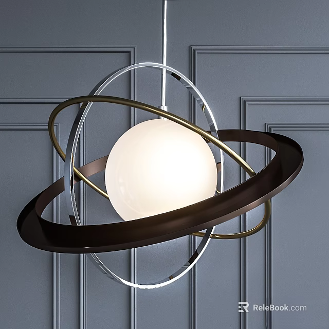 Modern Chandelier With White Spherical Shade And Metal Rings On Blue Geometric Wall 3d model 