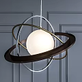 Modern Chandelier With White Spherical Shade And Metal Rings On Blue Geometric Wall