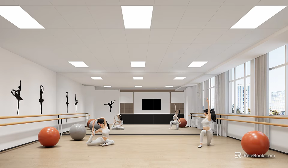 Spacious Fitness Studio With Barre Exercise Balls Mirror Windows Ceiling Lights And People Working Out 3d model 
