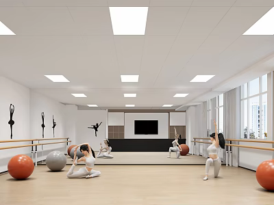 Spacious Fitness Studio With Barre Exercise Balls Mirror Windows Ceiling Lights And People Working Out 3d model