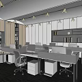 Modern Public Office Area With Ergonomic Office Desks Wooden Bookshelves And Recessed Ceiling Lights
