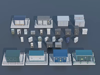 3D Small Building Models With Blue Roofs White Walls And Square Shapes 3d model