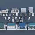 3D Small Building Models With Blue Roofs White Walls And Square Shapes