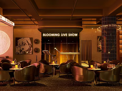 Blooming Live Show Bar With Leather Seats Candles Warm Lighting And Stage 3d model