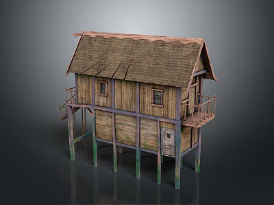 Traditional Wooden Stilt House Featuring Thatch Roof And Wooden Balcony 3d model