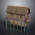 Traditional Wooden Stilt House Featuring Thatch Roof And Wooden Balcony