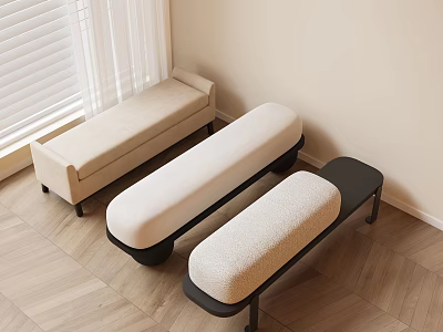 Modern Upholstered Beige and Black Benches with Fabric Seats Metal Legs Wooden Floor Interior 3d model