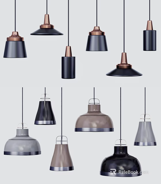 Modern Pendant Lights With Black Copper And Gray Glass Shades Design 3d model 