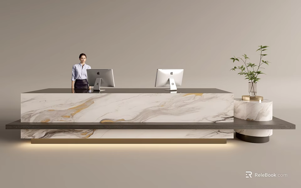 Modern Reception Desk With Marble Countertop Two Computer Monitors Potted Plant And Professional Staff Member 3d model 