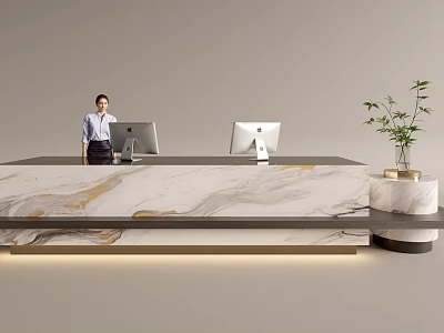 Modern Reception Desk With Marble Countertop Two Computer Monitors Potted Plant And Professional Staff Member 3d model
