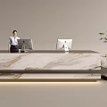 Modern Reception Desk With Marble Countertop Two Computer Monitors Potted Plant And Professional Staff Member