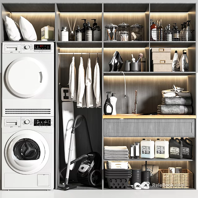 Laundry Room Storage Cabinet With Washing Machine Hanging Clothes And Cleaning Supplies 3d model 