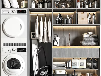 Laundry Room Storage Cabinet With Washing Machine Hanging Clothes And Cleaning Supplies 3d model