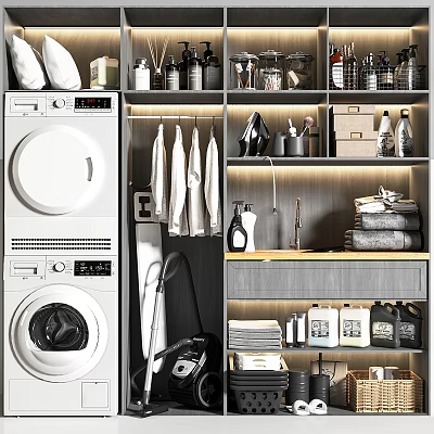 Laundry Room Storage Cabinet With Washing Machine Hanging Clothes And Cleaning Supplies 3d model