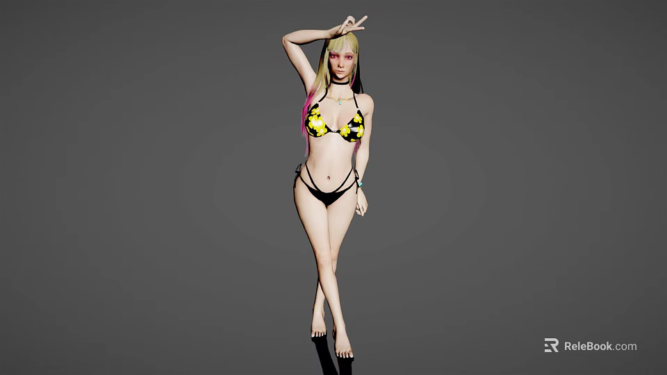 Woman in Black and Yellow Bikini Posing with One Hand on Head Against Grey Background 3d model 