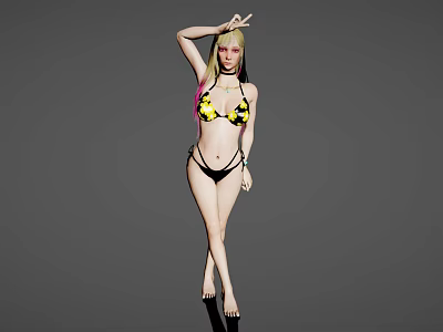 Woman in Black and Yellow Bikini Posing with One Hand on Head Against Grey Background 3d model