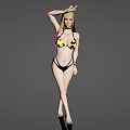 Woman in Black and Yellow Bikini Posing with One Hand on Head Against Grey Background