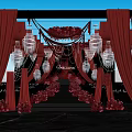 Wedding Floral Display With Red Curtains Crystal Chandeliers And Pink Red Flowers On Black Stage