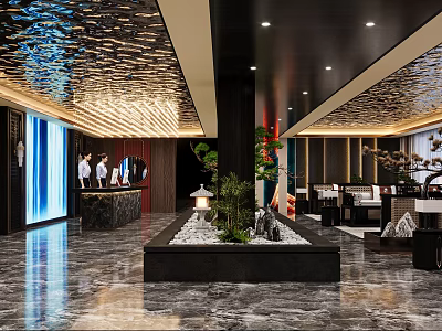 Modern Clubhouse Lobby Interior With Shimmering Ceiling Marble Floor Reception Desk Green Plants And Lighting 3d model