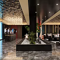 Modern Clubhouse Lobby Interior With Shimmering Ceiling Marble Floor Reception Desk Green Plants And Lighting