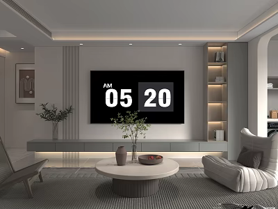 Modern Living And Dining Room Interior With TV Wall Sofa Coffee Table Plants And Bookshelves 3d model