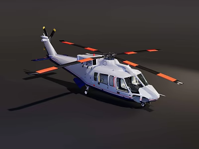 White Helicopter With Orange Rotor Blades And Cabin Windows Parked On Ground 3d model