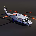 White Helicopter With Orange Rotor Blades And Cabin Windows Parked On Ground