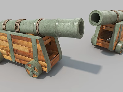 Vintage Industrial Equipment Featuring Two Green Metal Cannons On Wooden Carriages With Wheels 3d model