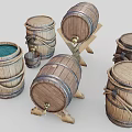Wooden Barrels Collection Featuring Various Sizes Rope Bindings Green Interior And Stands