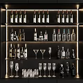 Modern Illuminated Wine Cabinet Shelves With Various Wine Liquor Bottles And Glassware