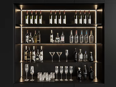 Modern Illuminated Wine Cabinet Shelves With Various Wine Liquor Bottles And Glassware 3d model
