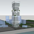 Modern High Rise Office Building With Unique Facade And Greenery In Urban City Skyline Setting