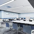 Spacious Modern School Classroom With Large Windows And White Desks 3d model