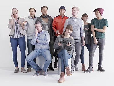 Group of People in Casual Clothing with Various Poses Standing and Sitting 3d model