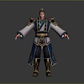 Ancient Game Movie Character Wearing Blue And White Robe With Golden Ornaments And Armored Boots
