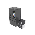 Black Modern Kitchen Appliances Featuring Refrigerator Microwave Oven With Digital Display And Sleek Design