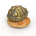 Ornate Turtle Shell Shaped Weapon With Colorful Gemstones And Golden Accents On Decorative Base