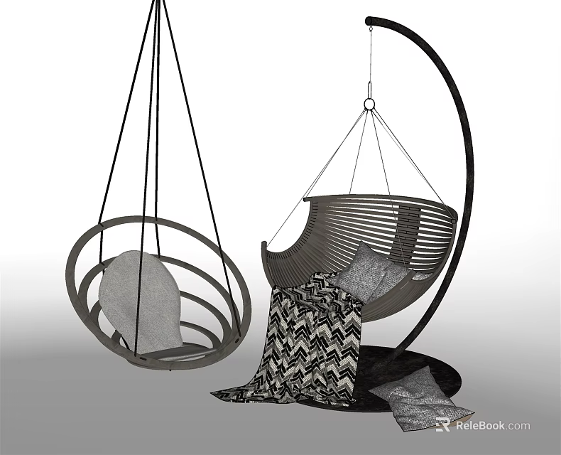 Modern Hanging Chairs with Woven Design Metal Frame Cushions and Geometric Pattern Blankets 3d model 