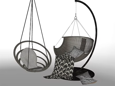 Modern Hanging Chairs with Woven Design Metal Frame Cushions and Geometric Pattern Blankets 3d model