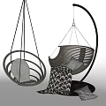 Modern Hanging Chairs with Woven Design Metal Frame Cushions and Geometric Pattern Blankets
