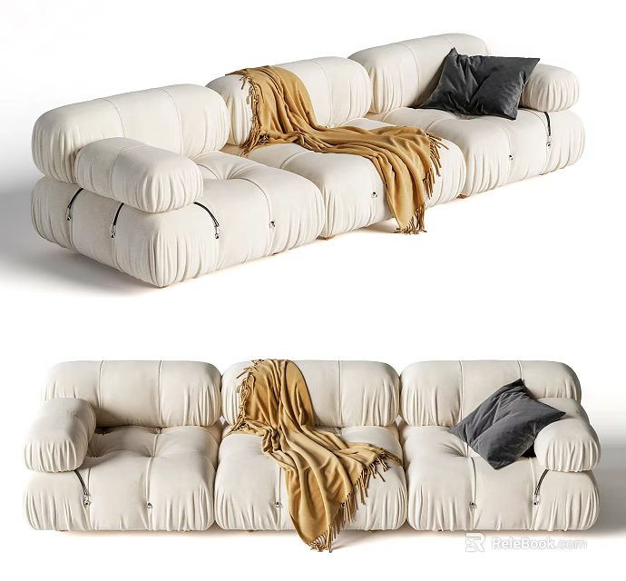Modern White Large Sectional Sofa With Yellow Blanket And Gray Pillow 3d model