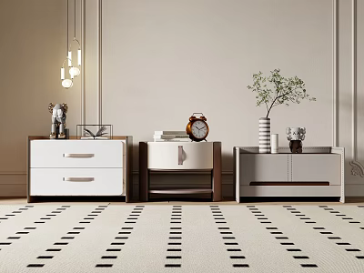Stylish Modern Nightstands With Drawers Alarm Clock Vase And Decorative Items On Patterned Floor 3d model